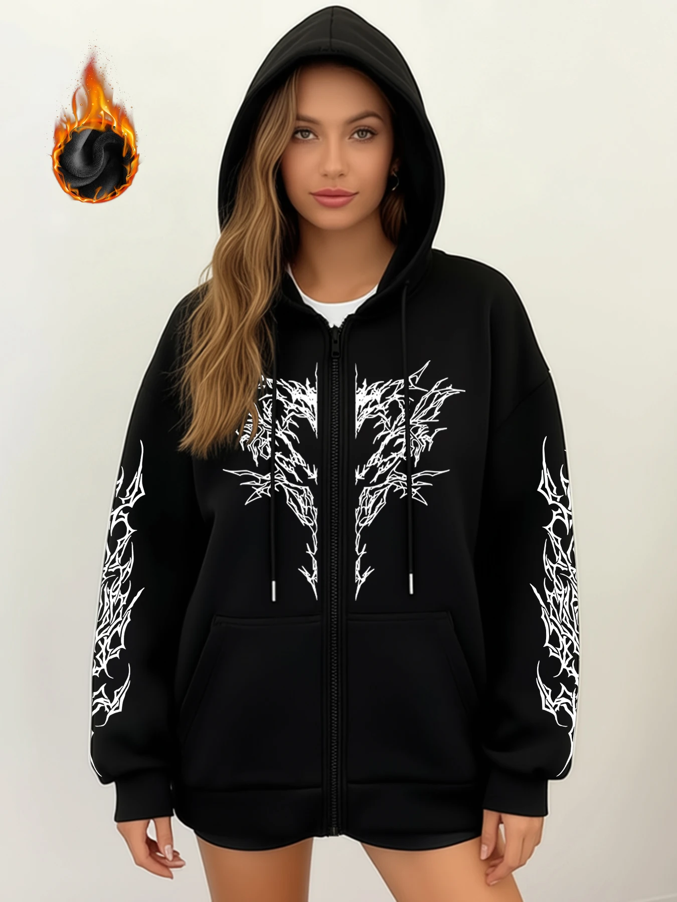 

Winter Y2k Gothic print thick heavy velvet black hooded zipper jacket slim temperament women's jacket casual lazy commuter style