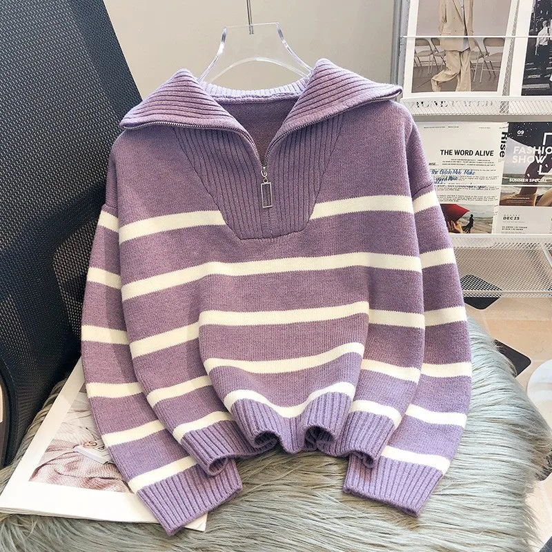 

Casual Stripe Knitted Sweater Spring Autumn Fashion Vintage Half Zipper Pullover Women's Short Tops Loose Chic Sweaters