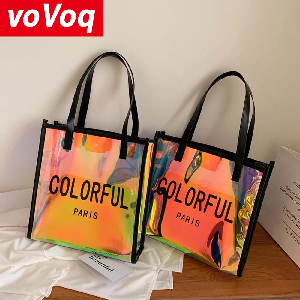 Bolsa de ombro de PVC transparente para mulheres, grande capacidade sacola impermeável para viagens, nova moda, bolsa de armazenamento a laser