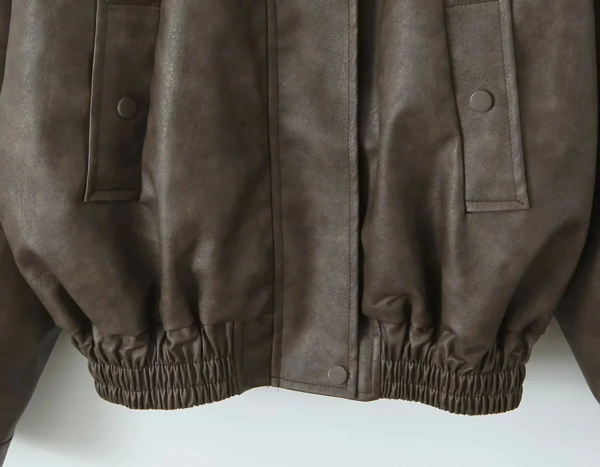 เสื้อโค้ทหนังแท้สไตล์เรโทรอเมริกัน สีน้ำตาลเข้ม แนวเท่ หวานซ่อนเปรี้ยว สำหรับผู้หญิง ฤดูใบไม้ผลิ ฤดูใบไม้ร่วง รุ่นใหม่ สไตล์สปอร์ต สีน้ำตาลเข้ม