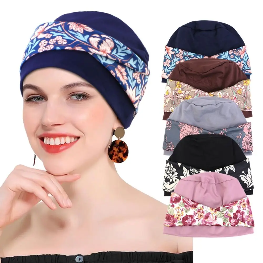 

Fashion Flower Print Bohemian Headband Hat Comfortable Stretch Fabric Hair Care Cap Breathable Flat Top Hood Women