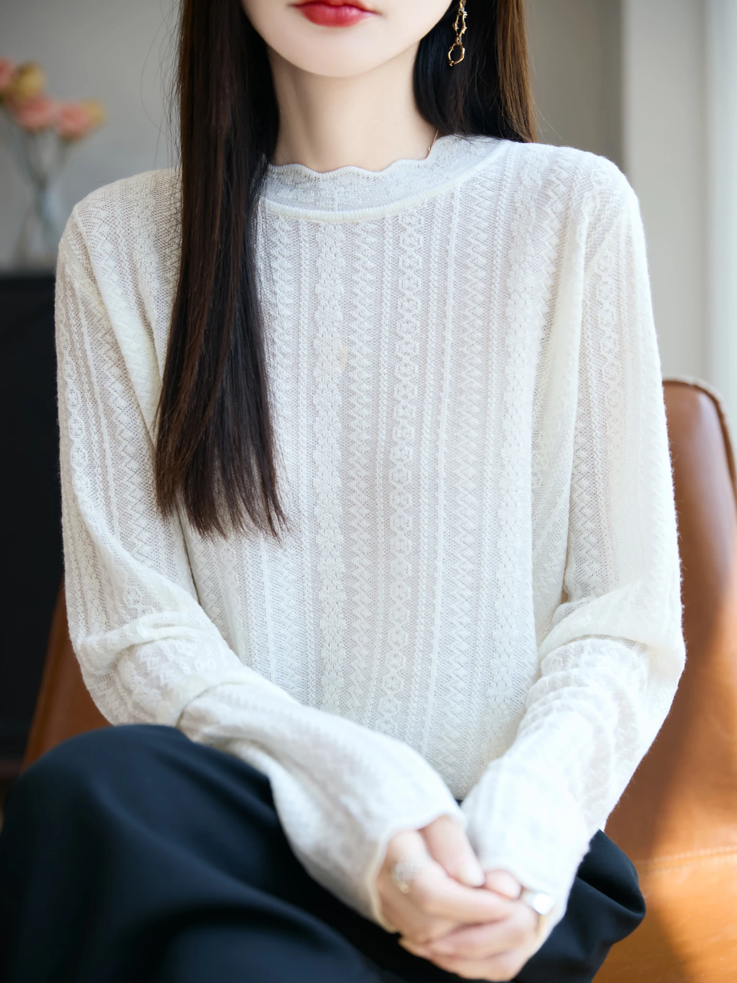 

Осень 2025: Модный женский тонкий вязаный свитер с кружевом, мягкий базовый топ с длинным рукавом и круглым вырезом