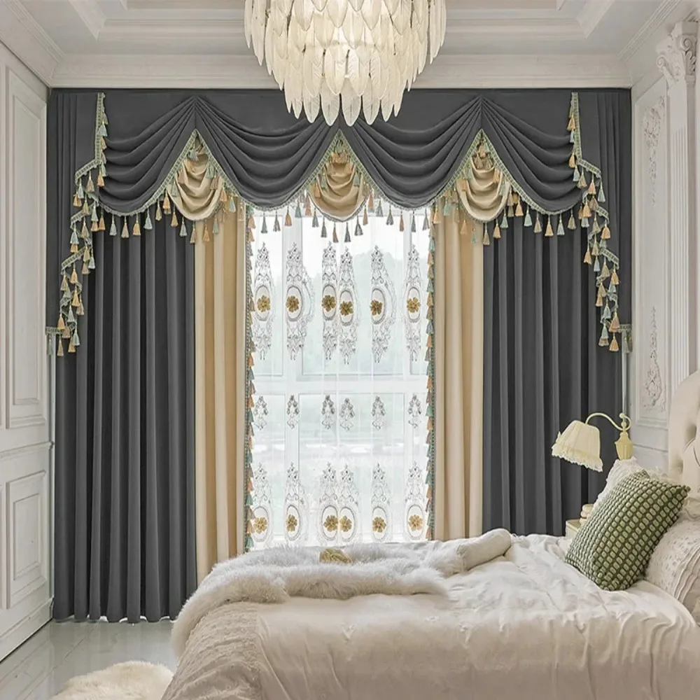 American Retro Velvet Curtains for Living Room Bedroom Warm Windproof Color-blocked Luxury Blackout Simple High-end