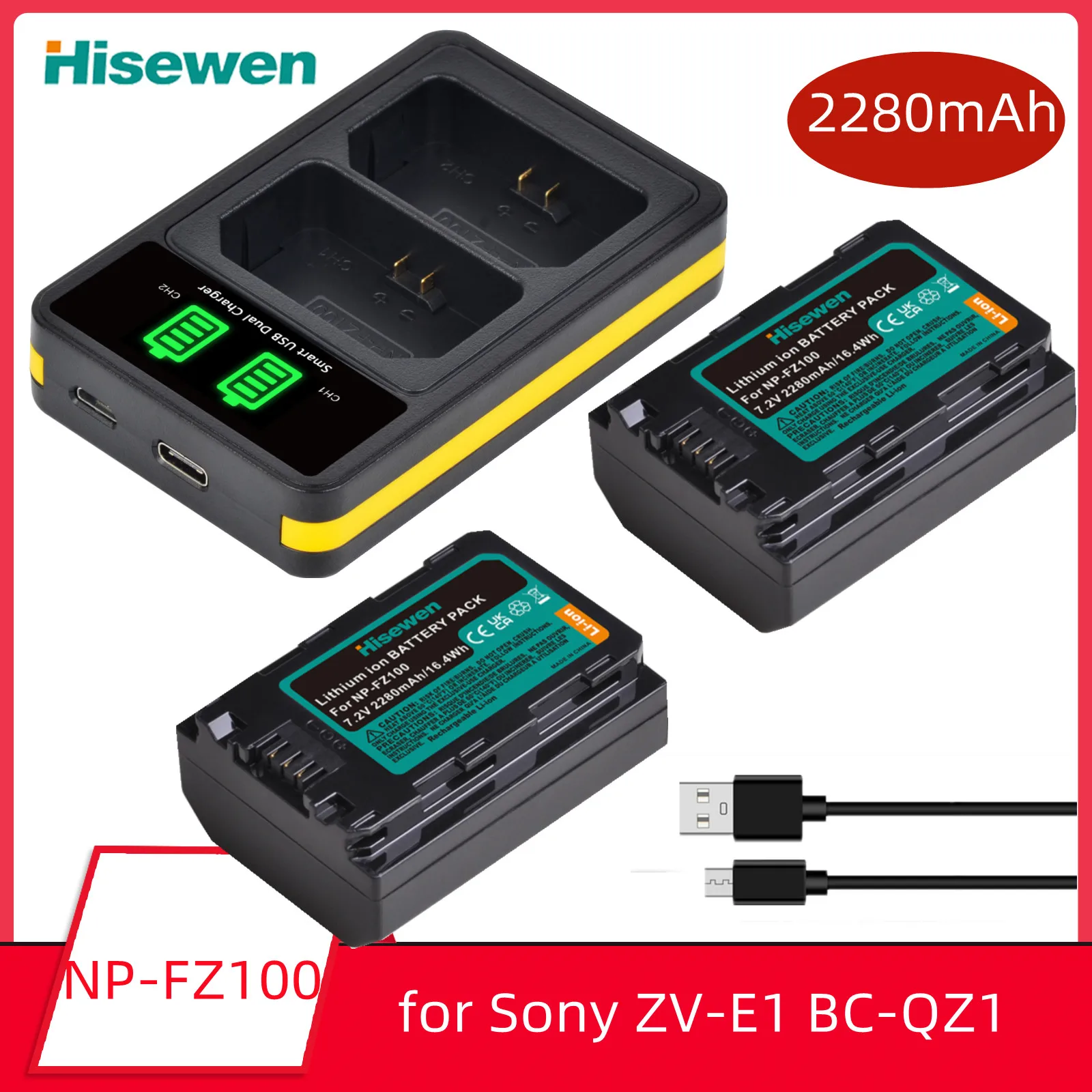 2280mAh NP-FZ100 NP FZ100 Battery and Charger with Type C Port for Sony ZV-E1 BC-QZ1 a9 a7R III a7 III A6600 A6700 A1 A7C