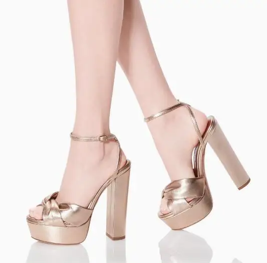 Gold Pink Blue White Twist Bow Platform Summer Sandals Women Fashion Buckle Strap Block Heel Banquet Dress Sandals Pumps Shoes