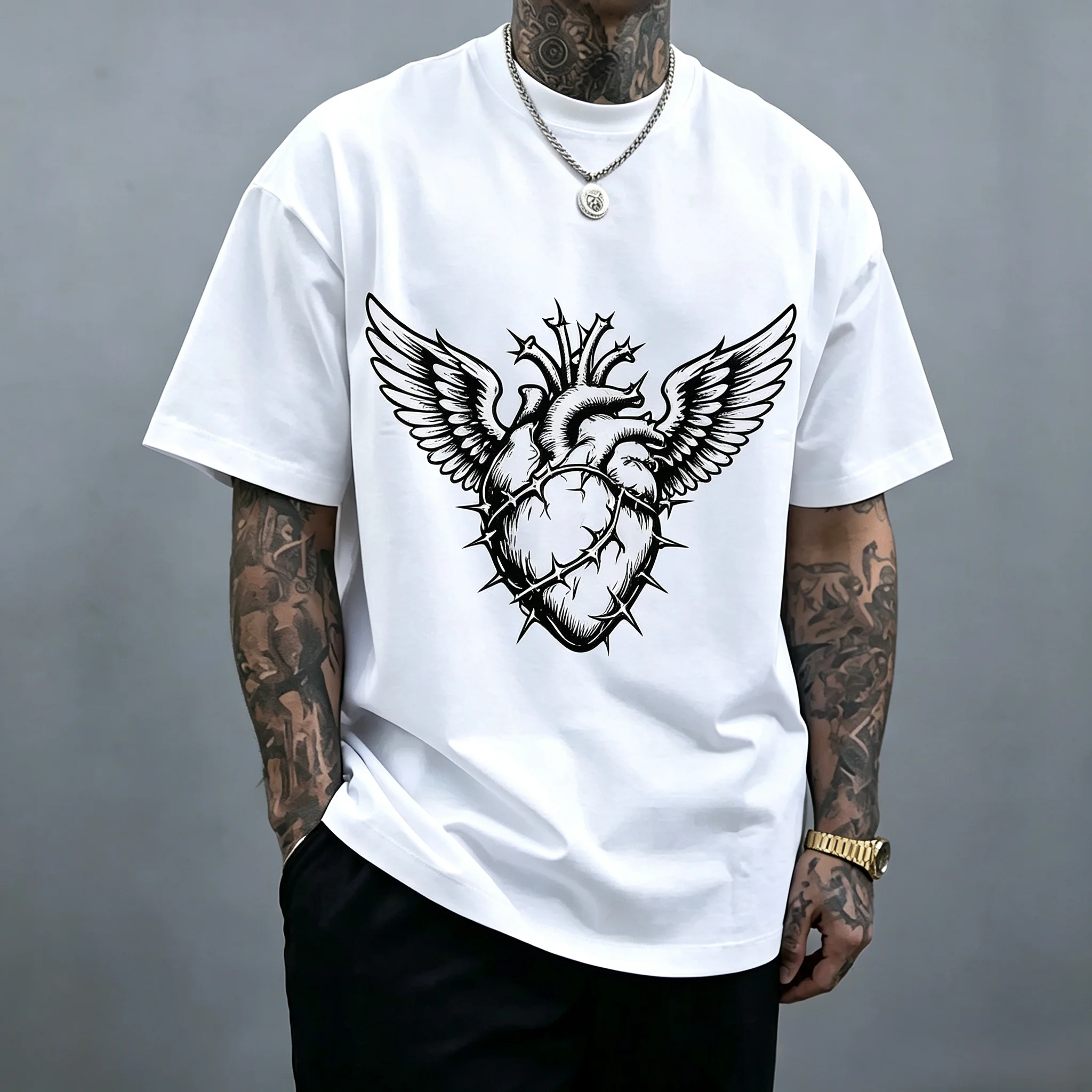 Unisex Winged Sacred Heart Thorn Graphic T Shirt Men Vintage Black Line Art Oversized Tee Women Gothic Hip Hop Streetwear Short Sleeve T-shirt