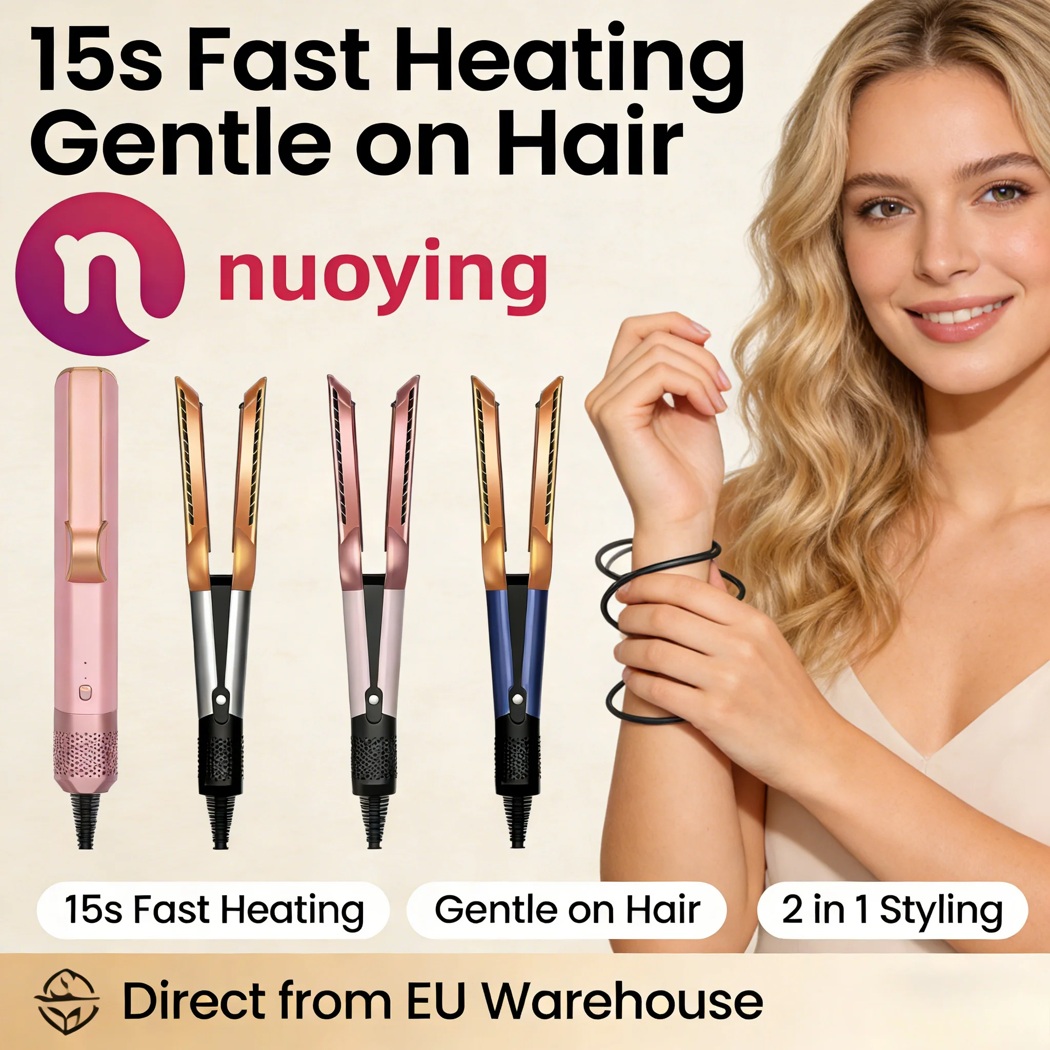 Nuoying Plancha Secadora 2 en 1 con Iones Negativos, Alisador Rápido con Calor, Estilo Salón, Cabello Liso Sin Frizz, Enviado desde Europa