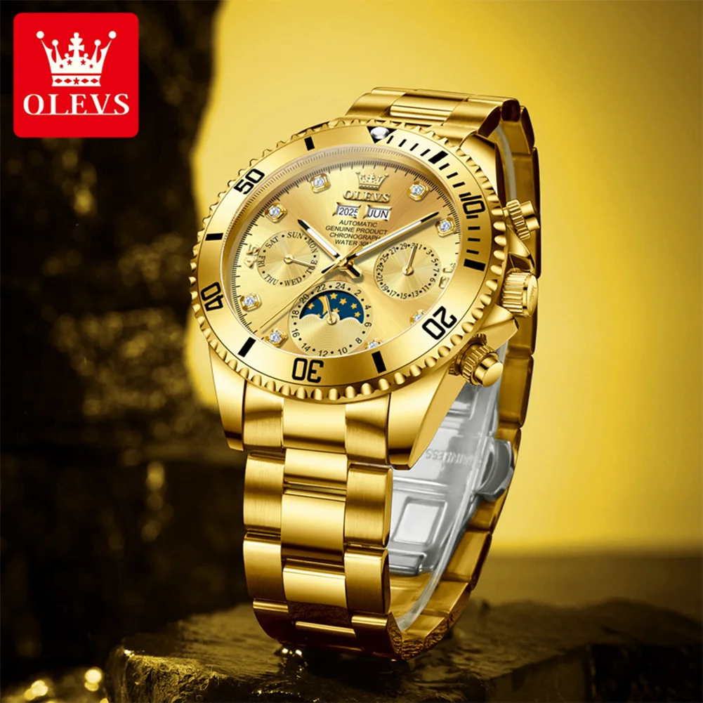 OLEVS 6729 Мужские механические часы, золотые роскошные брендовые полностью автоматические часы, мужские многофункциональные оригинальные спортивные мужские часы с фазой Луны