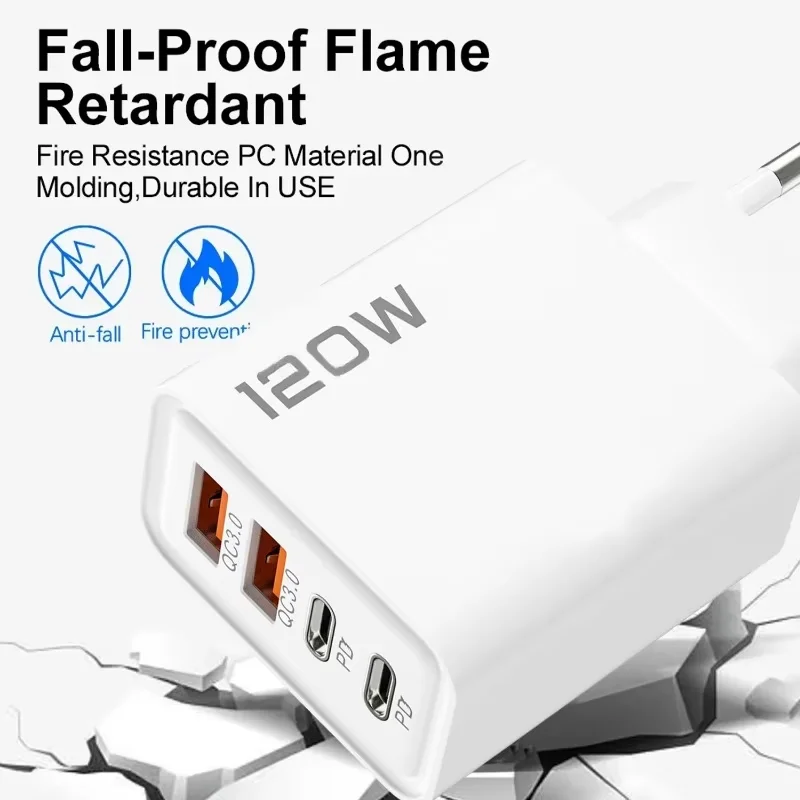 Caricatore USB C PD 120W a 4 porte Carica rapida 3.0 Tipo C Caricabatterie per telefono USB Adattatore di ricarica rapida per Samsung iPhone Xiaomi Huawei