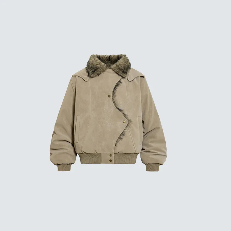 American Retro Leather Fur Collar Cotton Jacket With Irregular Diagonal Buttons Thickened Warm Cotton Seat Mountain Carving