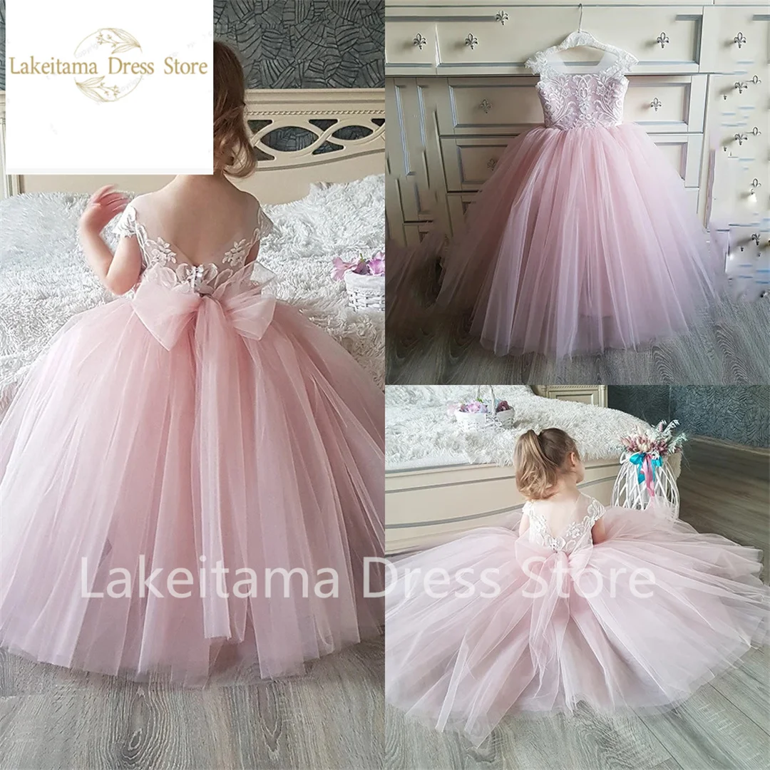 Vestido rosa claro flor menina, tule em V, apliques de renda, princesa, festa de aniversário, concurso, vestido de baile para casamento