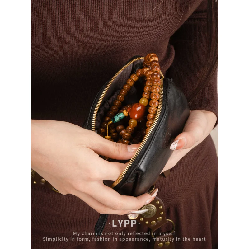 Leather Cosmetic Bag Women2025New Portable Large Capacity Cowhide Wenwan, Traditional Chinese Handcraft Ornament Storage Bag