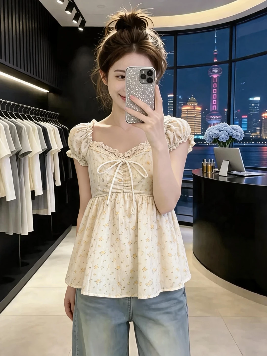 Summer Bubble Sleeve V-Neck Floral Print Short Sleeve Shirt Women's plus Size Vintage Countryside Style Top Soft Comfortable