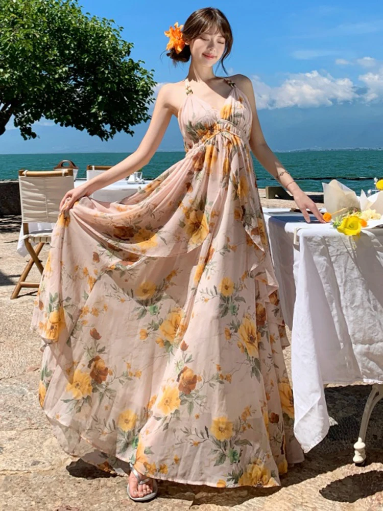 2025 여름 우아한 패션 보헤미안 플로럴 프린트 쉬폰 롱 드레스 여성 섹시 V넥 백리스 캐주얼 휴가 비치 드레스