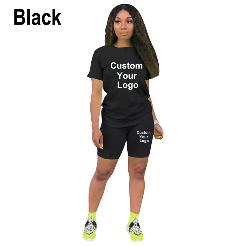 Women's Custom Your Logo  Two Piece Outfits for Women Shorts Summer Biker Shorts Above Knee Pants Suit Athletic Tracksuits Set