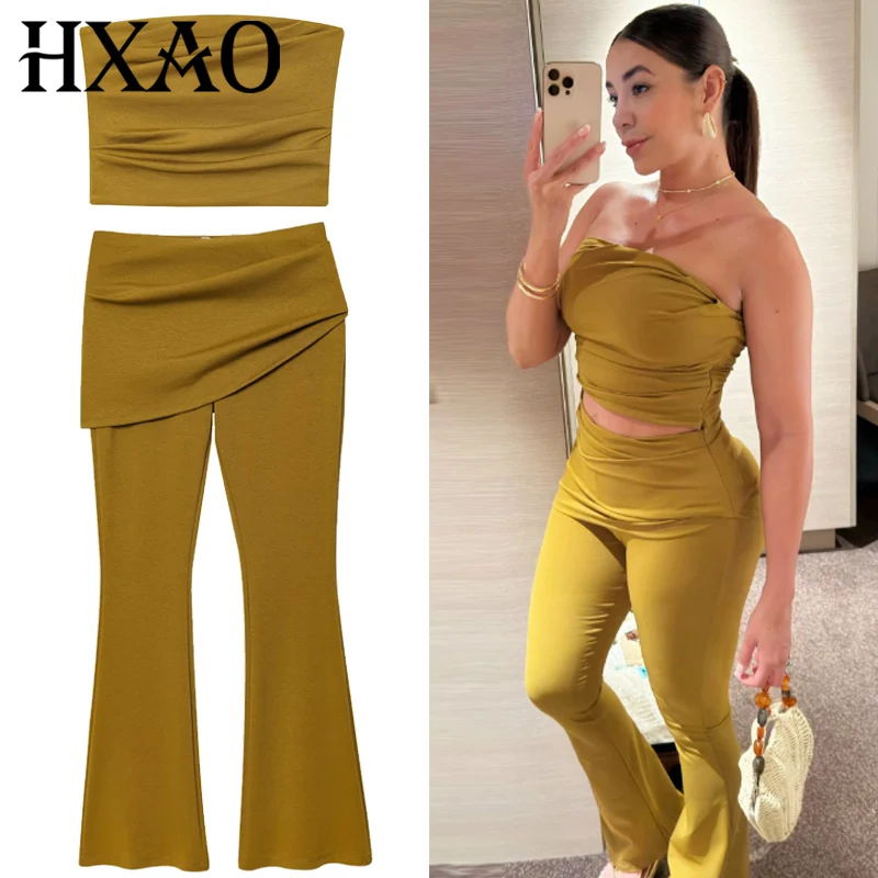 Hxao verde oliva conjuntos de calças finas femininas duas peças conjunto colheita fora do ombro babados tubo superior outfits meados de cintura flares calças conjuntos