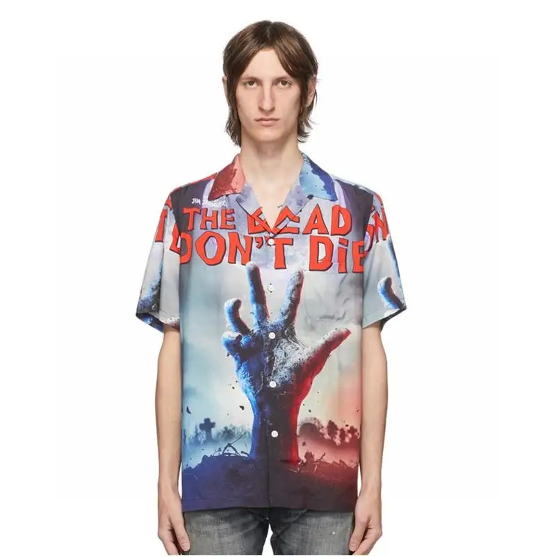 

Рубашка WACKO MARIA X JIM Zombie Horror Movie с коротким рукавом, свободного кроя, молодежная, с принтом, с воротником, стандартной толщины, летняя