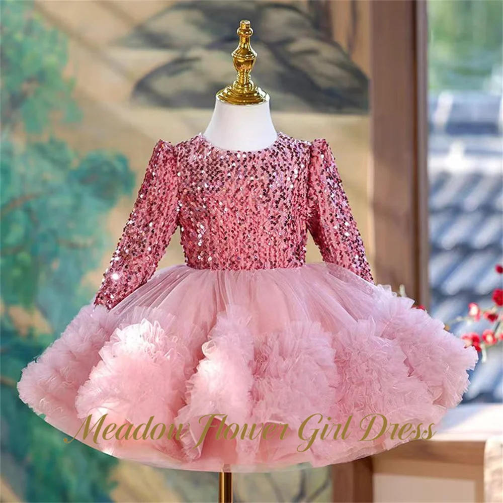 Meadow Pink Evening Party Gown for Girls Glitter Sequins Tutu Fluffy Prom Dresses A Line Full Sleeve Sweet Girls Princess Gown