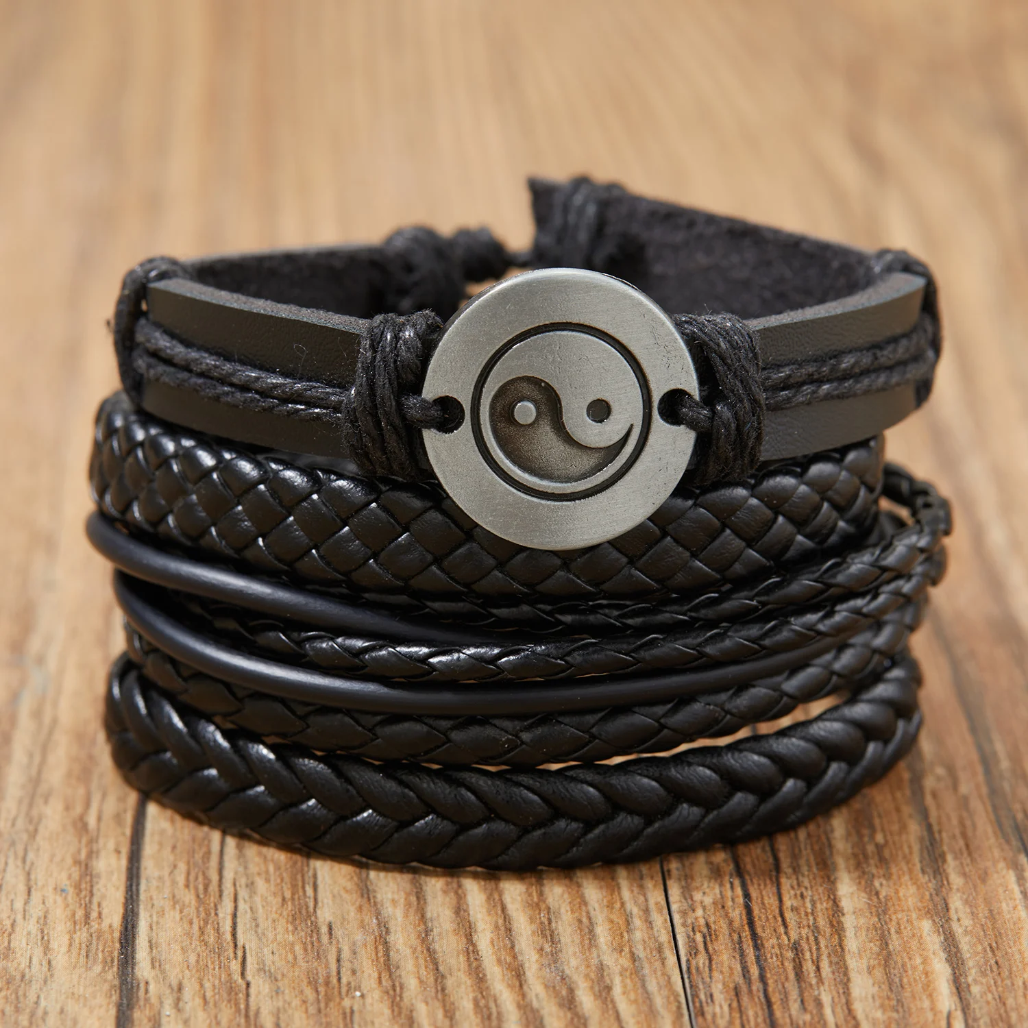 4Pcs/Set Braided Wrap Leather Bracelet for Men Women Vintage Yin Yang Infinity Wood Beads Charm Bracelets Male Wristband Jewelry