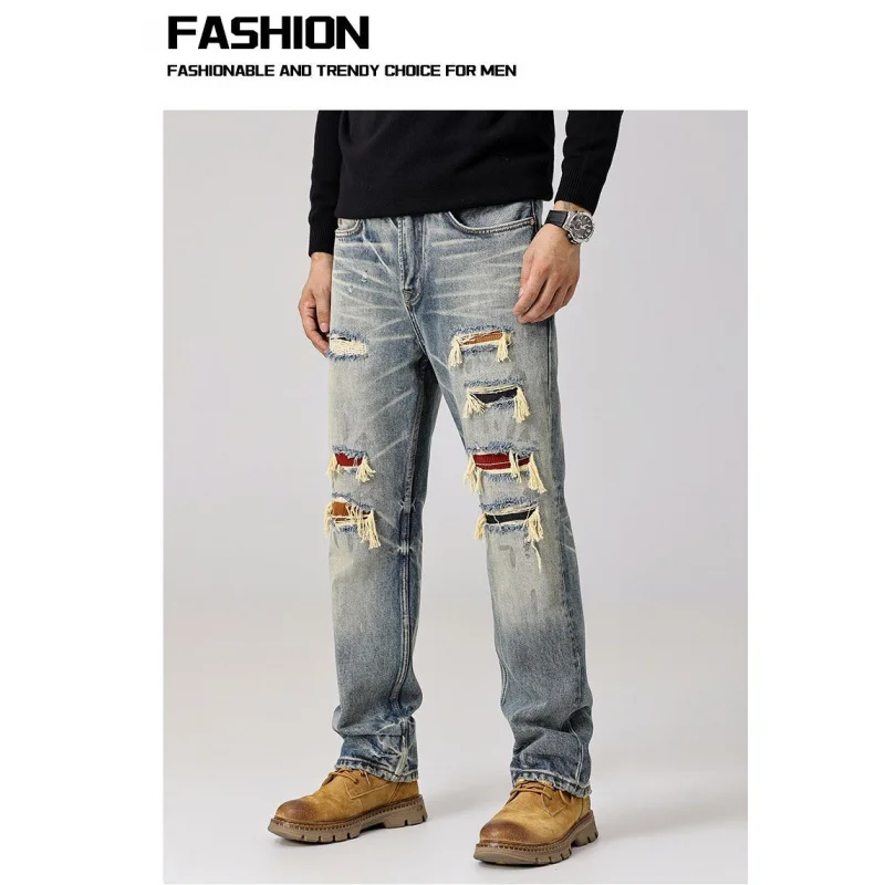 بنطال جينز ريترو وسيم للرجال مع تصميم رقعة ممزقة وكشط ثقيل الوزن مغسول وفضفاض بأرجل مستقيمة