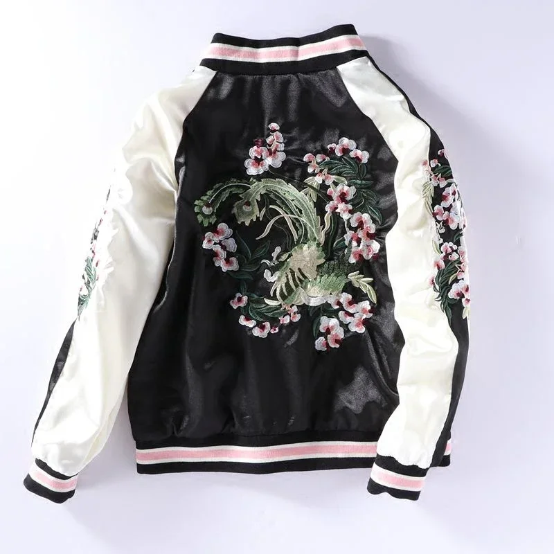 Harajuku Floral Embroidery Baseball Bomber Jacket Unisex Two-sided Yokosuka Pilot Cardigan Spring Autumn Loose Zipper Streetwear