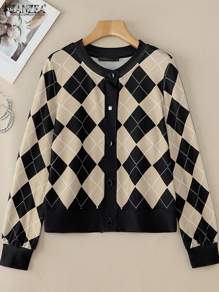 ZANZEA Autumn Knitted Cardigan Women Blouses Spring Diamond Grid Long Sleeved Buttons Down Shirt Stylish Casual Woman Tops Tunic