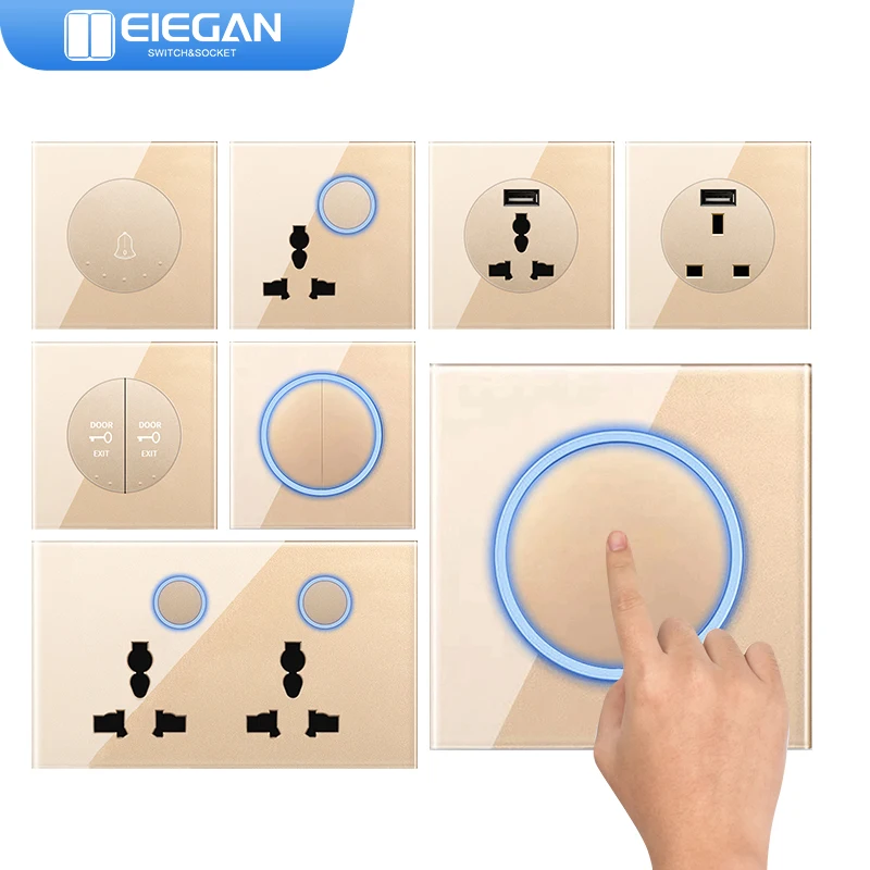 

ELEGAN 86*86 AC110-250V Wall USB Switch Socket Tempered Glass Panel Circle Power Socket Outlet Lamp Switches with LED Indicator