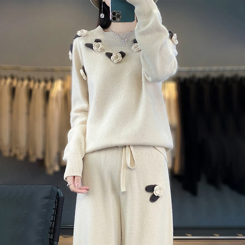 Women Suits Sweater+Wide Leg Pants 100% Wool Knitting Pant Autumn Winter Solid Color Soft Warm Pullovers for Female YP01