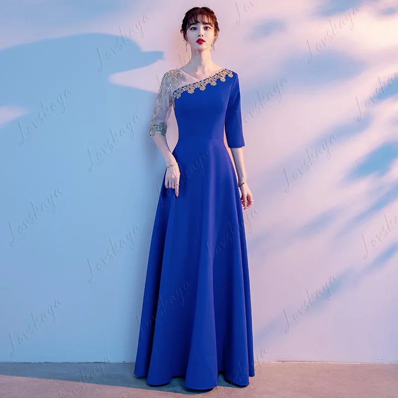 

Новое сценическое платье для хора, женское длинное платье синего цвета, костюм для сольного выступления для взрослых, вечернее платье для ведущей больших размеров