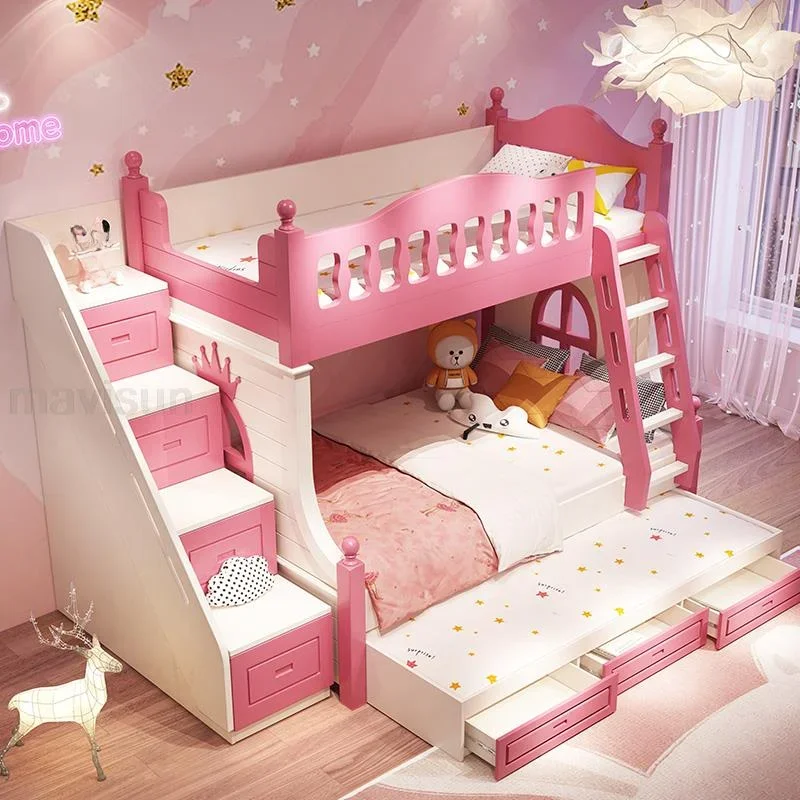 Loft Bed With Drawers Creative And Lovely Pink Two-Story Furniture For Girls From 5 To 8 Years Old Fashion Hot Sale Kids Beds