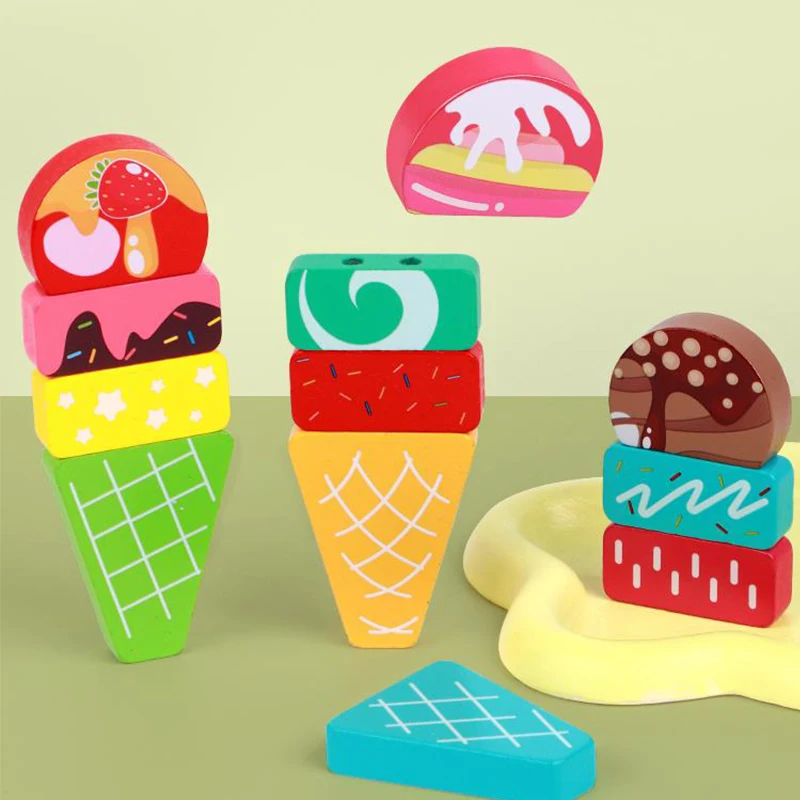 Drewniany zestaw do lodów, donuty lodowe i ciasteczka do zabawy w gotowanie w kuchni i interakcji rodzic-dziecko