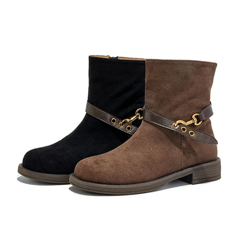 

Замшевые ботильоны в стиле ретро для женщин, ковбойские сапоги в стиле вестерн с боковой молнией и пряжкой на ремне, удобные нескользящие туфли на квадратном низком каблуке
