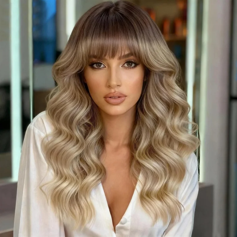 

Blonde w/ Dark Roots Long Wavy w/ Bangs 20in Women Premium Hair Wig