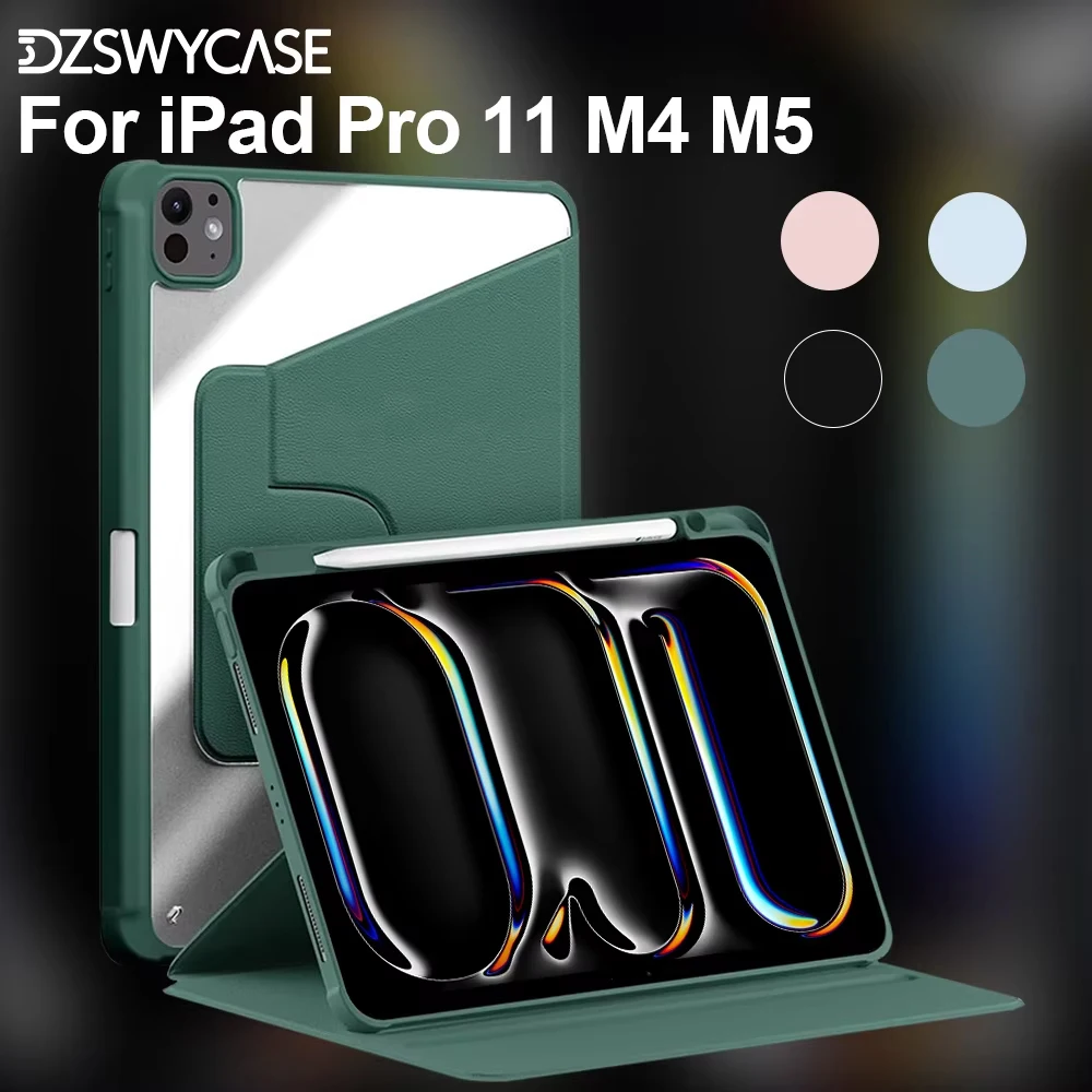 Case For iPad Pro 11 M4 M5 2024 2025, with Pencil Holder, 360 Degree Rotation Protective Trifold Stand Cover, Auto Wake / Sleep