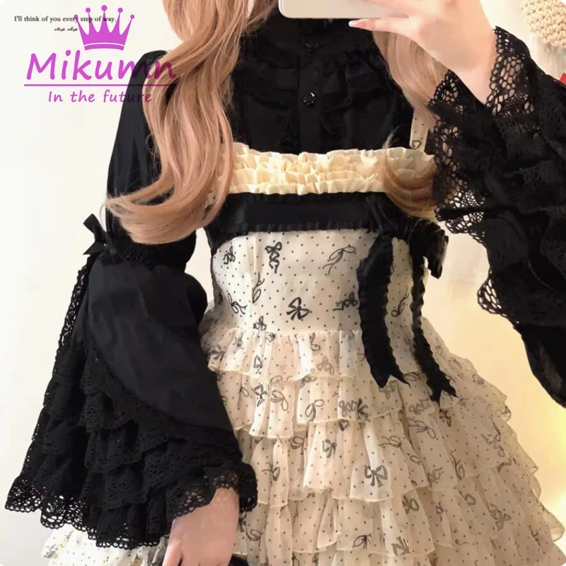 Mikautumn-Blusas femininas estilo Lolita gótica, vintage vitoriano, babados de renda elegantes, tops de manga flare, camisas japonesas kawaii para meninas