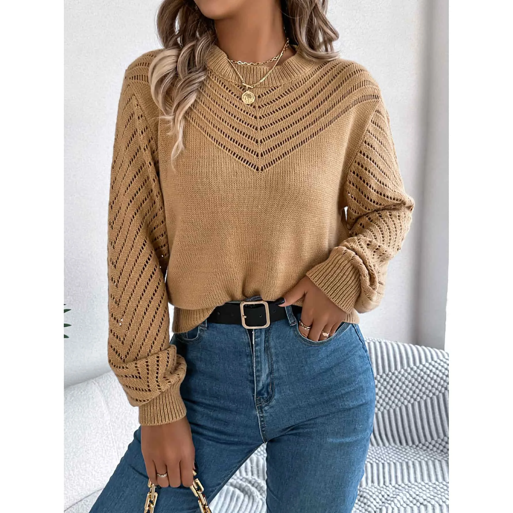 L Women Knit Sweater Soft Knit Sweater For Women Solid Color Knitwear Polyester Fabric Blend Medium Stretch Material