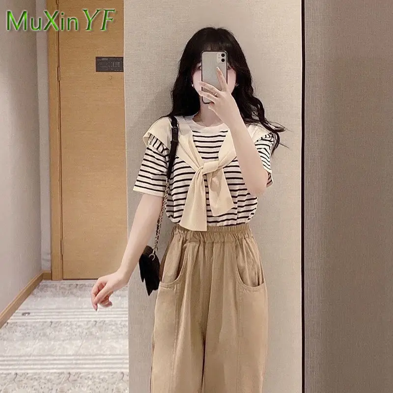 Women\'s Casual Shawl Top Pants Three Piece 2022 Summer New Striped T-Shirt Trousers Suit Female Korean Elegant Clothes Set