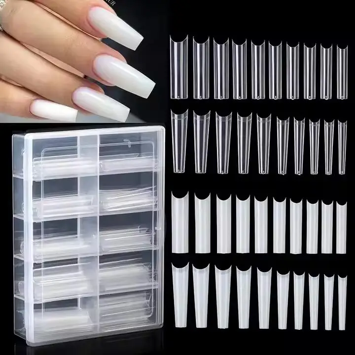 100Pcs XXL Extra Long Square/Coffin False Nails Tips Pipe Nail C Curve Tips Acrylic Half Cover Clear/Natural for Nails Extension