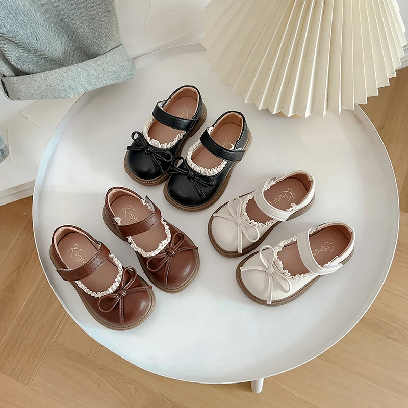 

Girls Princess Leather Shoes for Party Wedding Children Lace Flats Shoes with Bow-knot Fashion Kids Performance Party Shoes