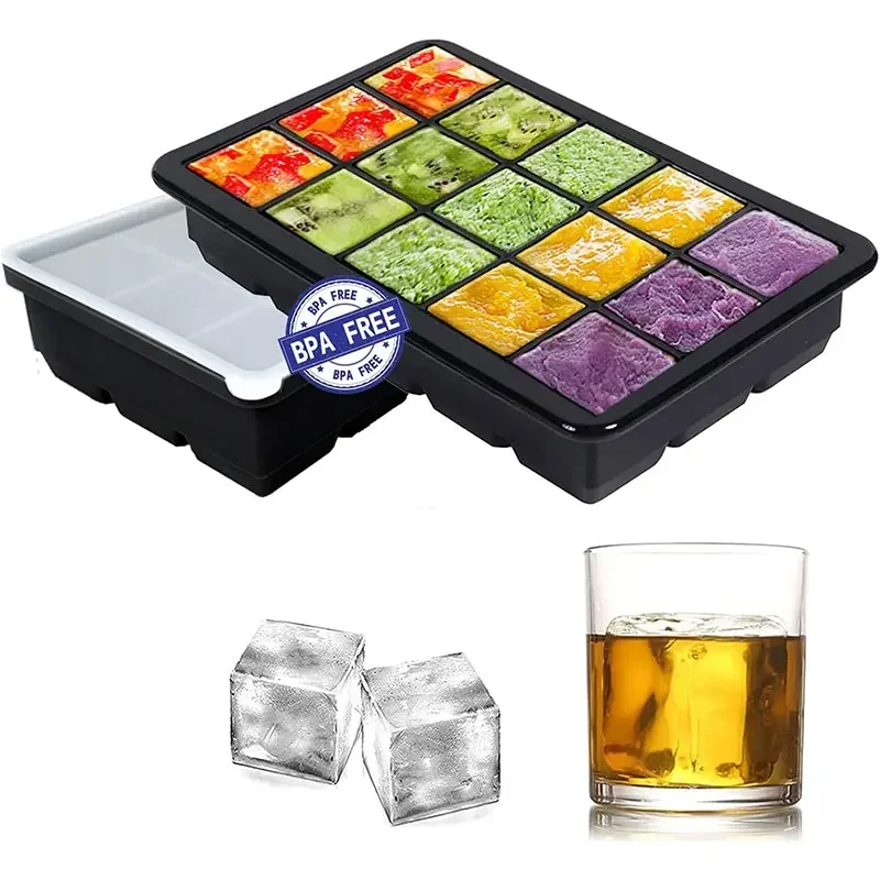 

6/15 Grid Big Square Ice Cube Trays Flexible Silicone Ice Cube Molds with Lid Stackable Ice Cube Maker for Freezer Containers
