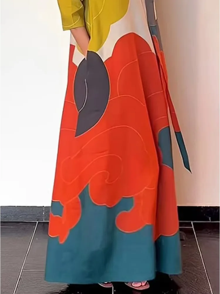 2023 herbst Stilvolles Kleid für Frauen Rundhals Lange Ärmel Lose Maxi Kleid mit Schal Weibliche Casual Gedruckt Party Kleider