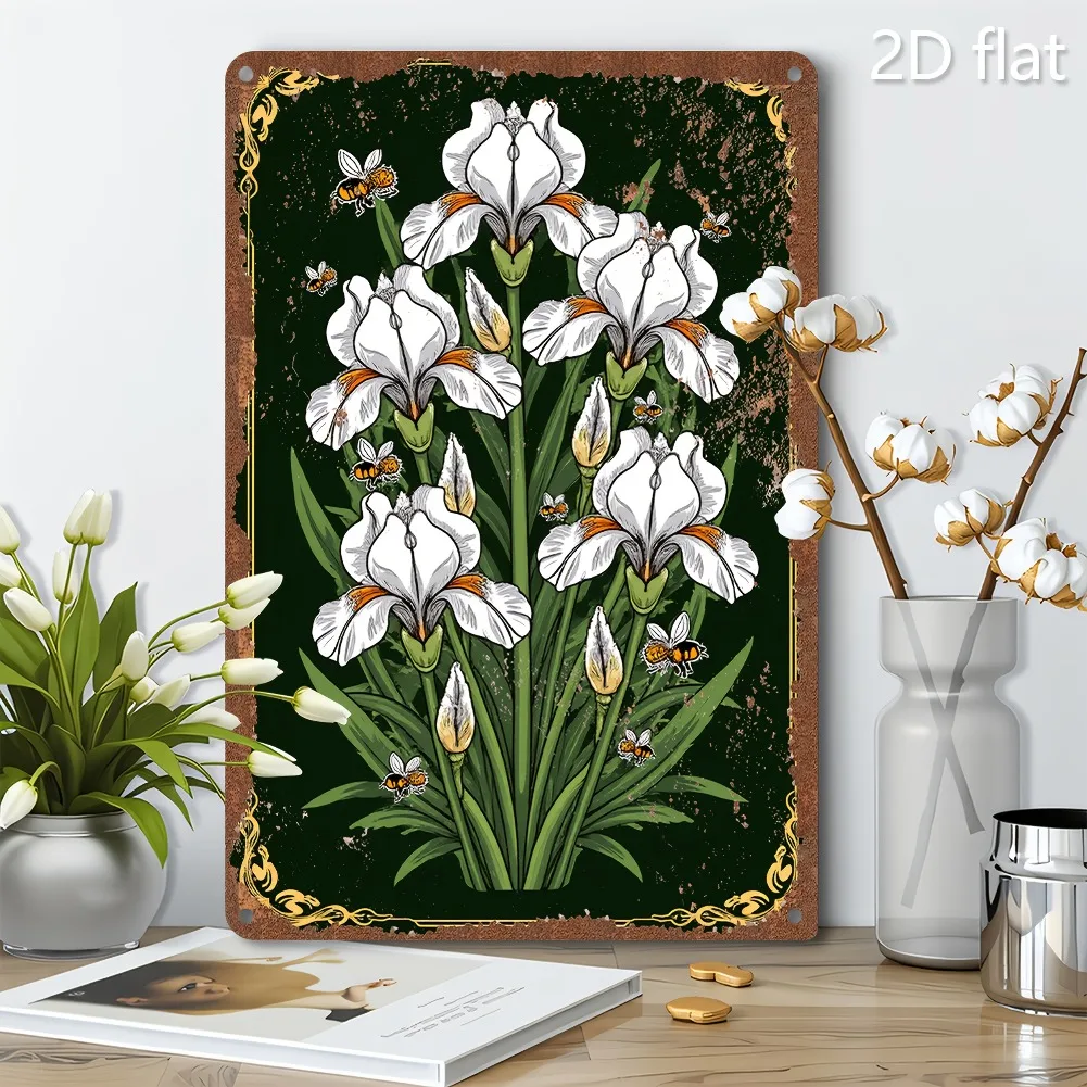 1 Stück 8 x 12 Zoll (20 x 30 cm) 2D flaches Vintage-Blumen-Metallschild – weiße Iris und Bienen, dunkelgrüne Kunst, Weißblechdekoration für Zuhause/Garten