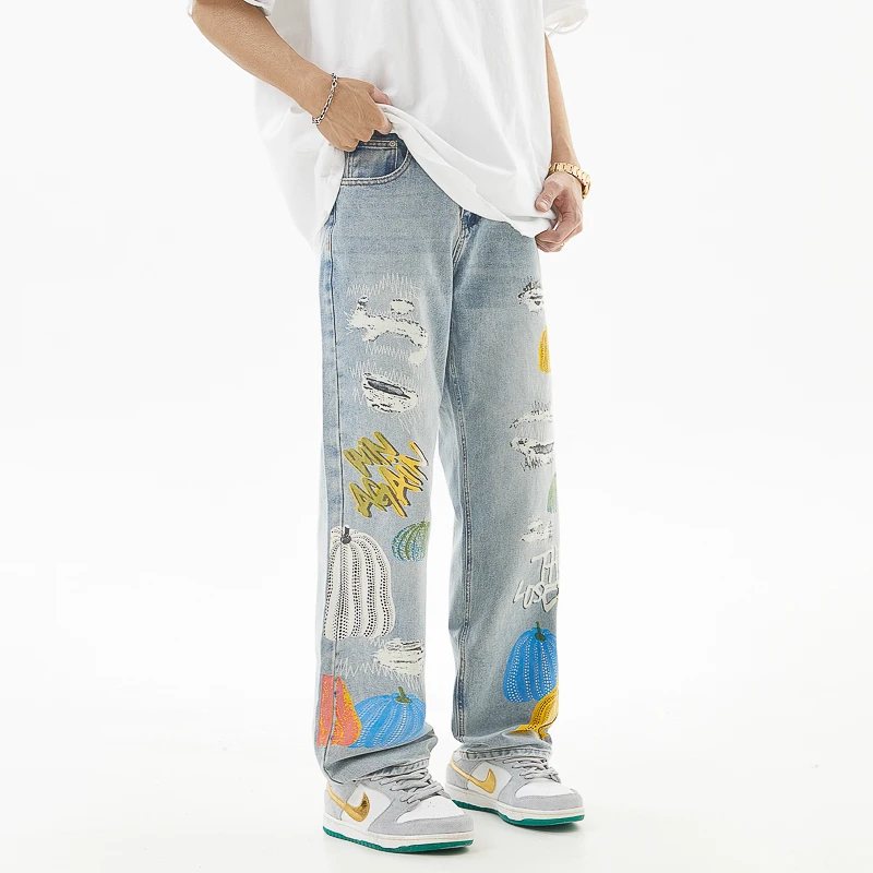 Men's trend personality loose straight wide-leg trousers street hip-hop printed jeans casual retro high-end washed trousers