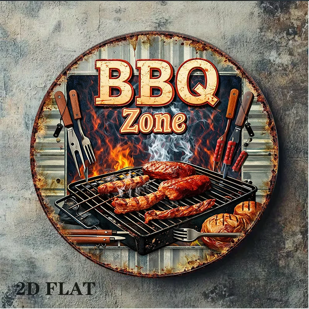 Retro BBQ Zone Round Aluminum Sign Barbecue Party Kitchen Outdoor Garden Patio Wall Decor Gift