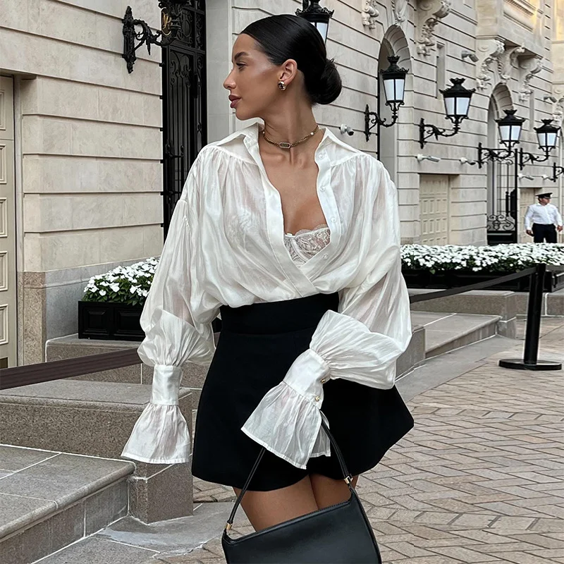 

Повседневные свободные прозрачные рубашки, женские осенние лоскутные блузки с лацканами и длинными рукавами, уличная одежда, женские однотонные рубашки, топ
