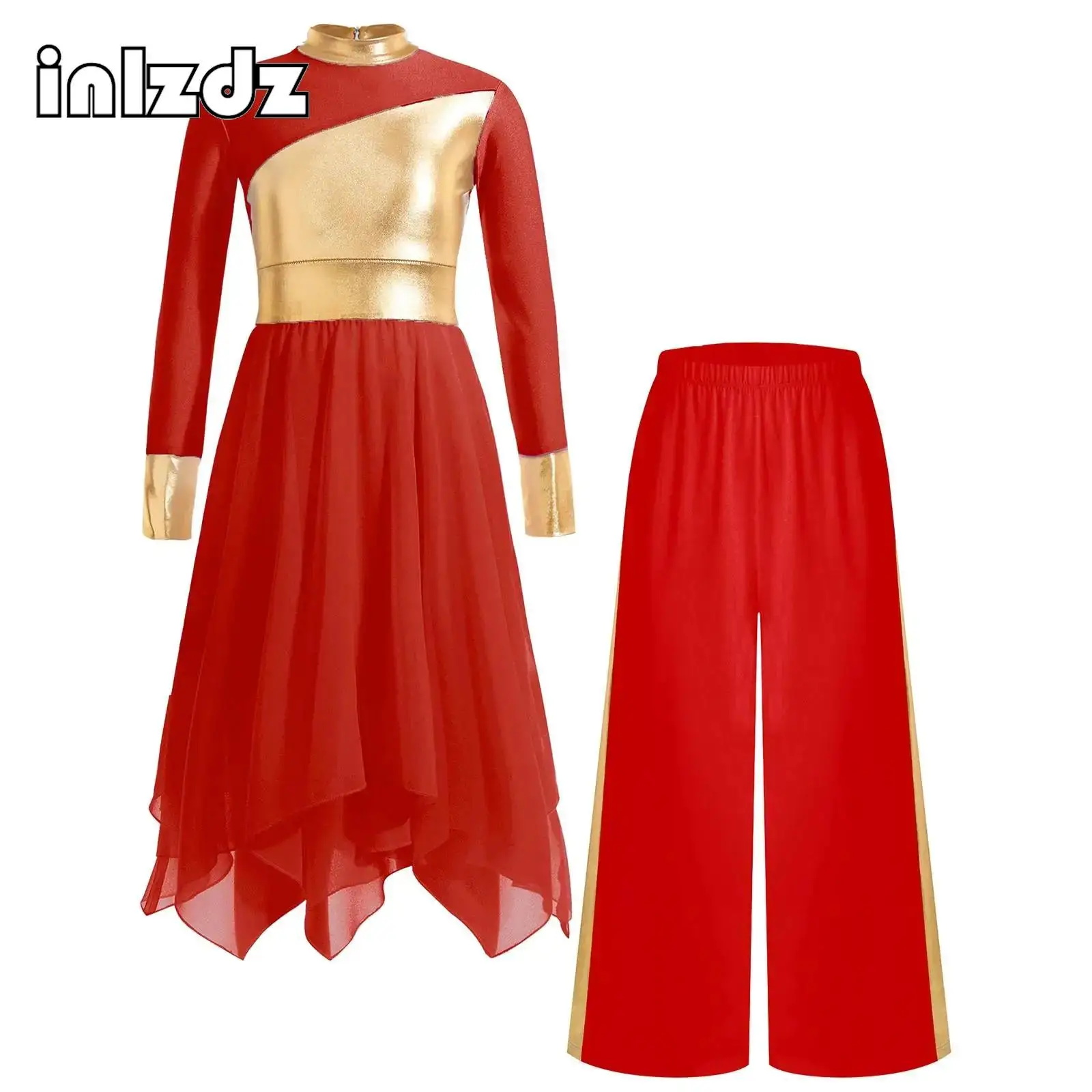 

Kids Girls Liturgical Dance Outfit Long Sleeve Metallic Patchwork Zipper Closure Dress with Wide-Leg Pants for Stage Performance