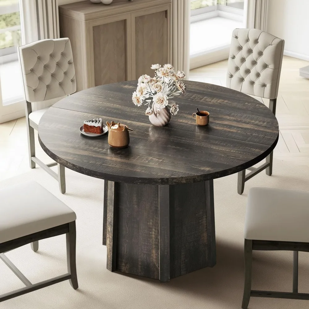 

47 Round Dining Table for 4-6 People Farmhouse Industrial Dinning Room Table with 1.18 Thickness Wood Grain Tabletop Rustic