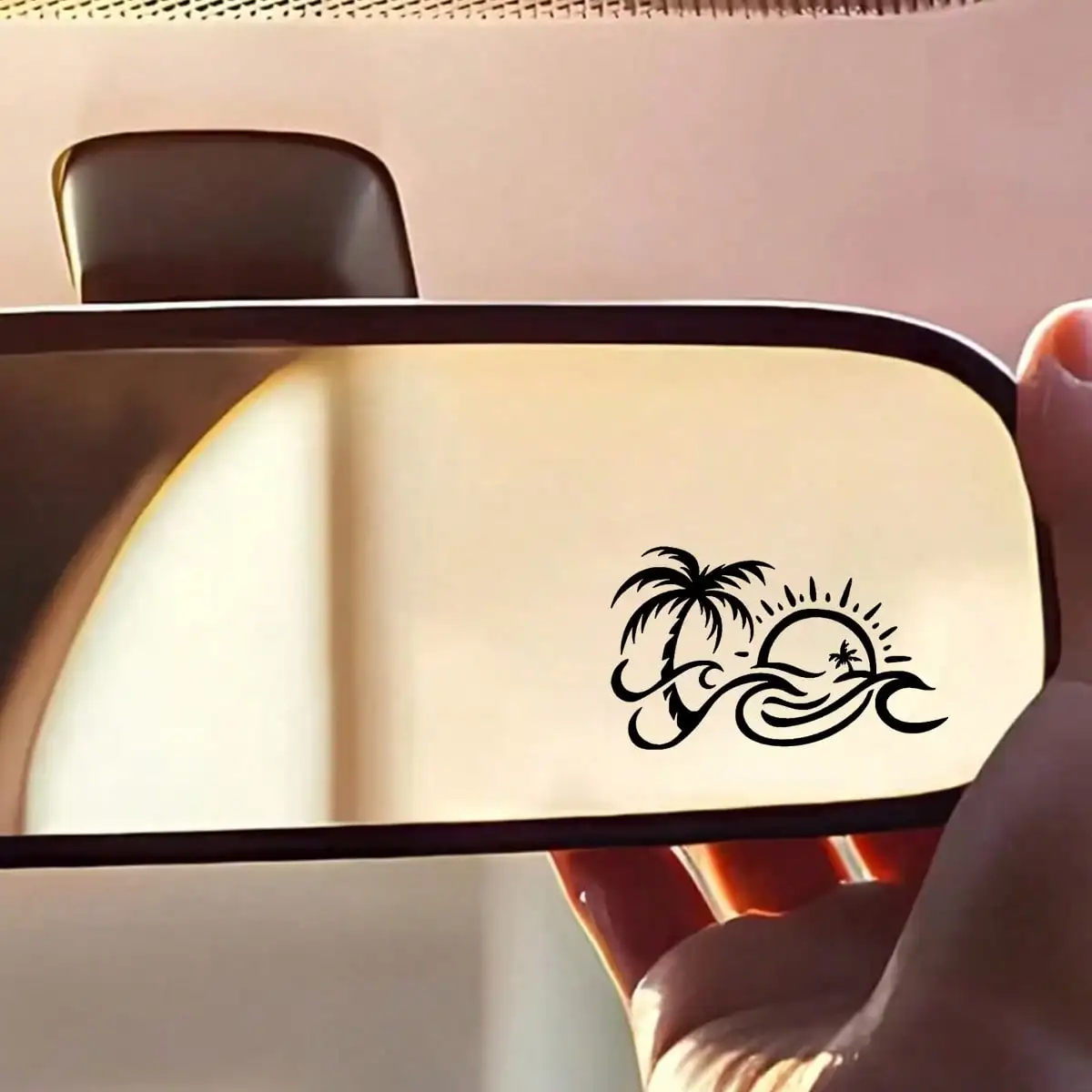 Palm Tree & Ocean Waves Decal, Beach Sunset Design for Rearview Mirror