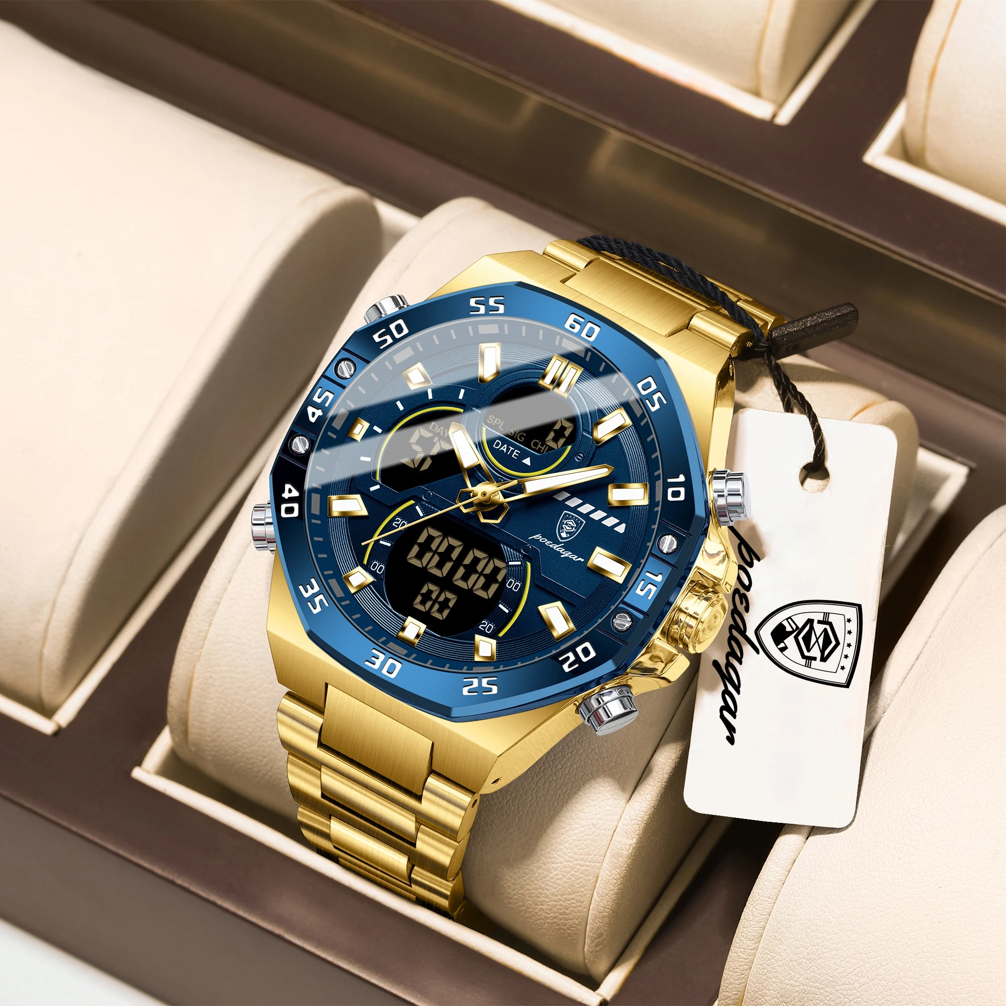 

Мужские спортивные наручные часы POEDAGAR с LED-подсветкой, водонепроницаемые, с отображением дня недели и даты, электронные, из нержавеющей стали, кварцевые.