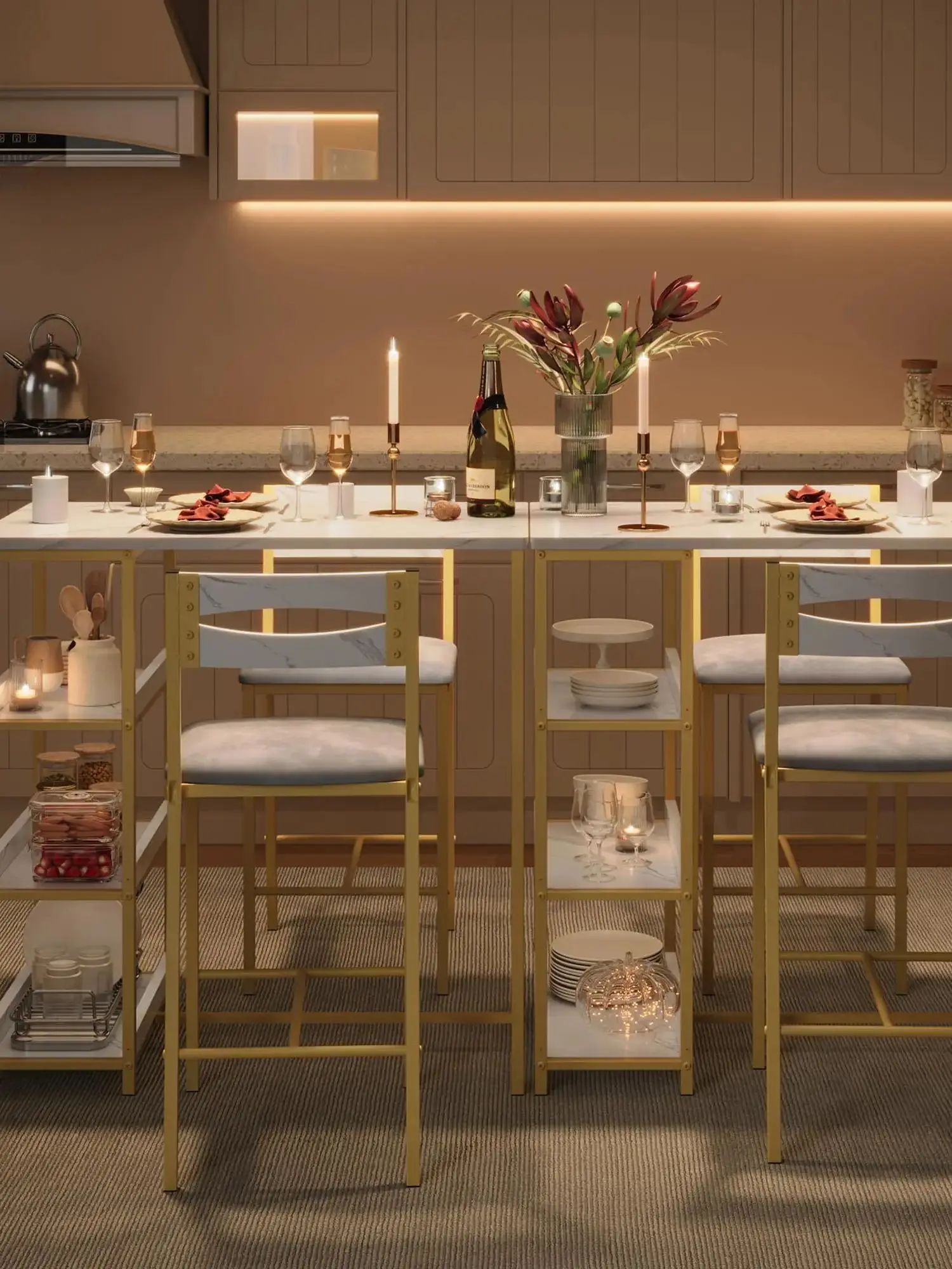 3-Piece Dining Table Set for 2 – White Marble Top & Gold Frame, 3 Storage Shelves, PU Upholstered Chairs – Space-Saving